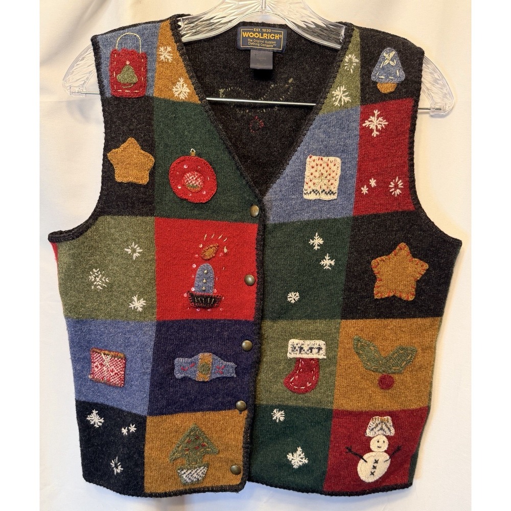 Woolrich Women's 100% Lambswool Vest Medium Patchwork Stars Holly Snow Holiday